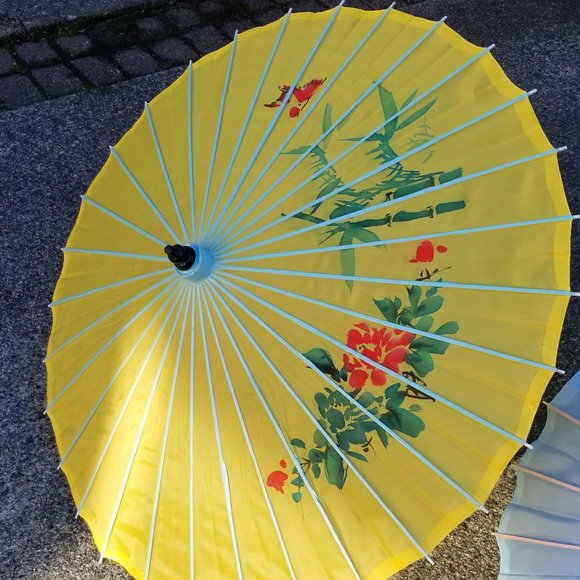 Set of 2 painted Chinese design fabric umbrellas - Picture 2 of 14